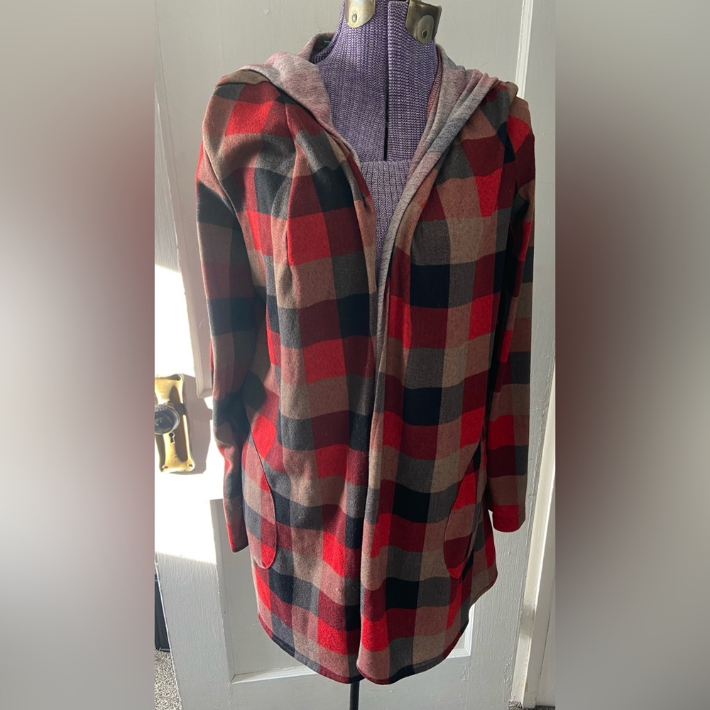 Red Plaid Draped Open Hoodie Cardigan Size Medium w/Pockets